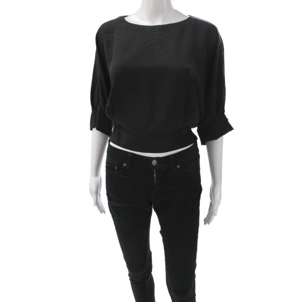 Tara Jarmon Women Black Cropped Blouse 3/4 Sleeve Round Neck Polyester Size 38